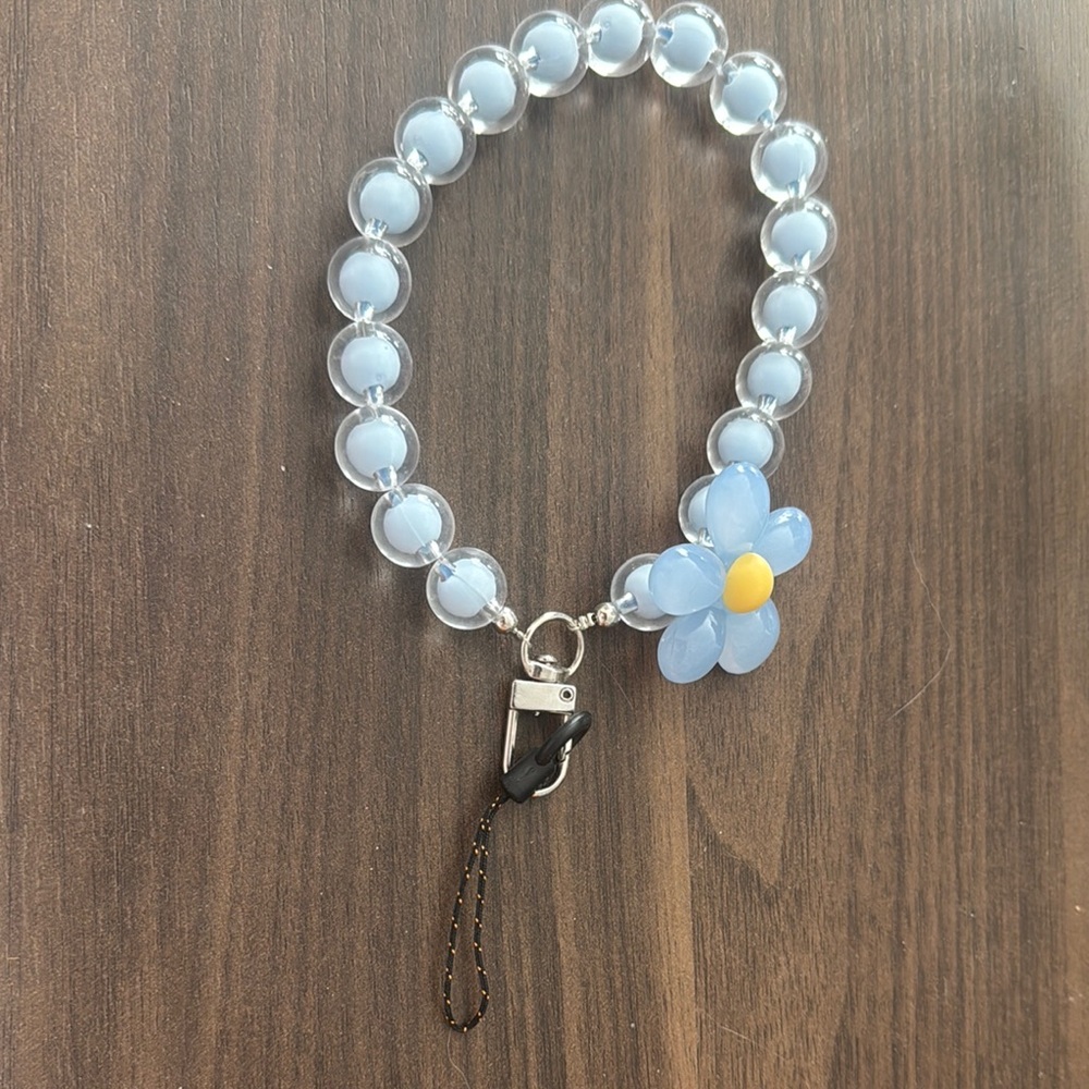 Blue Flower Beaded Cell Phone Lanyard